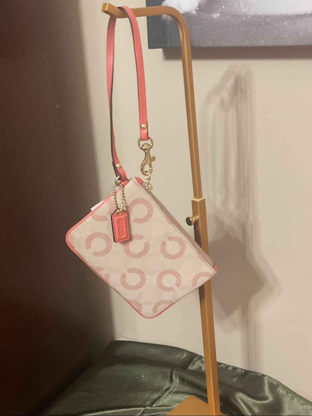 Coach Pink Signature Canvas Wristlet with Coral Trim • Classic Mini Carryall